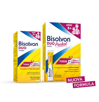 Confezioni di Bisolvon Duo: sciroppo e sciroppo in bustine contro la tosse e gola irritata
